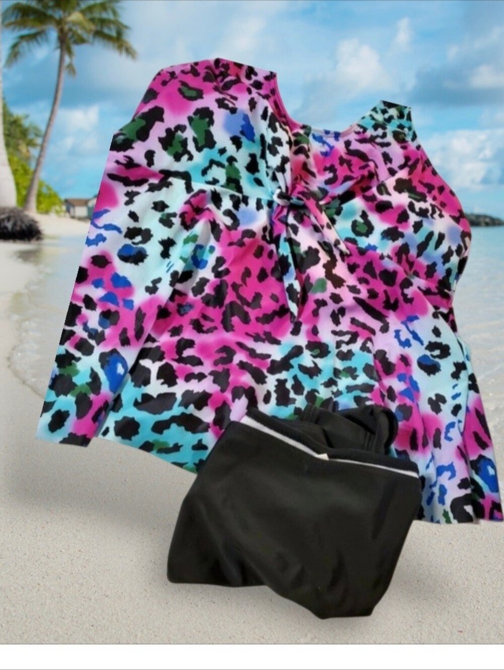 Multi-Colored Leopard Print Halter Top Swimsuit size XL
